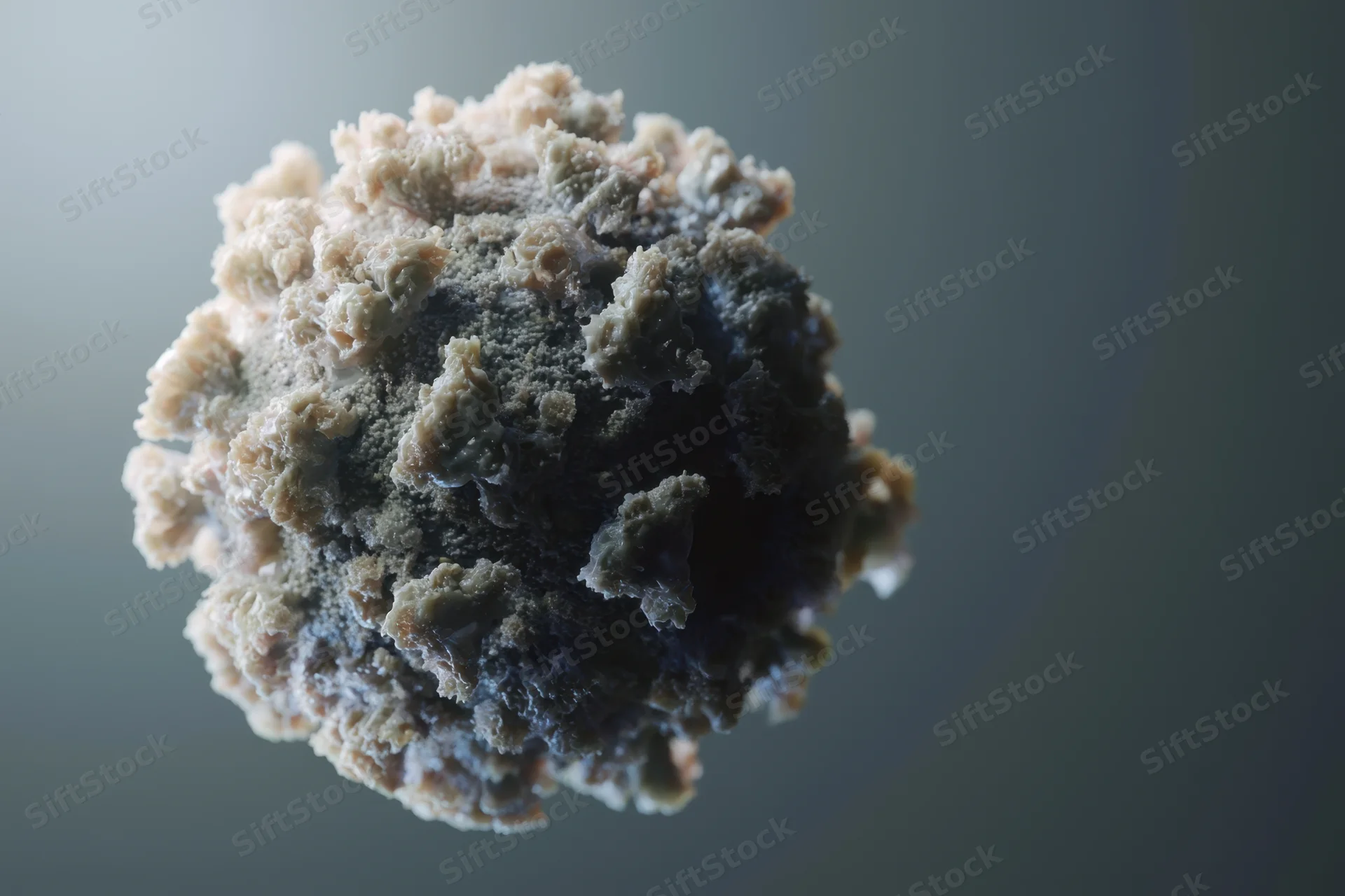 Detailed 3d rendering of a virus structure with spike proteins on a gray background