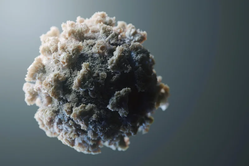 Detailed 3d rendering of a virus structure with spike proteins on a gray background