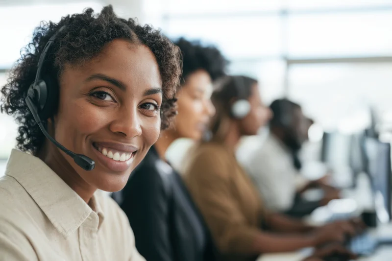 Smiling woman customer service representative wearing headset in office call center team setting