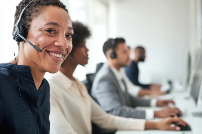 Smiling black woman customer service representative wearing headset at office desk with team in background
