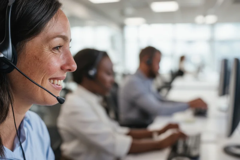 Smiling woman wearing headset working at desk in call center office with colleagues