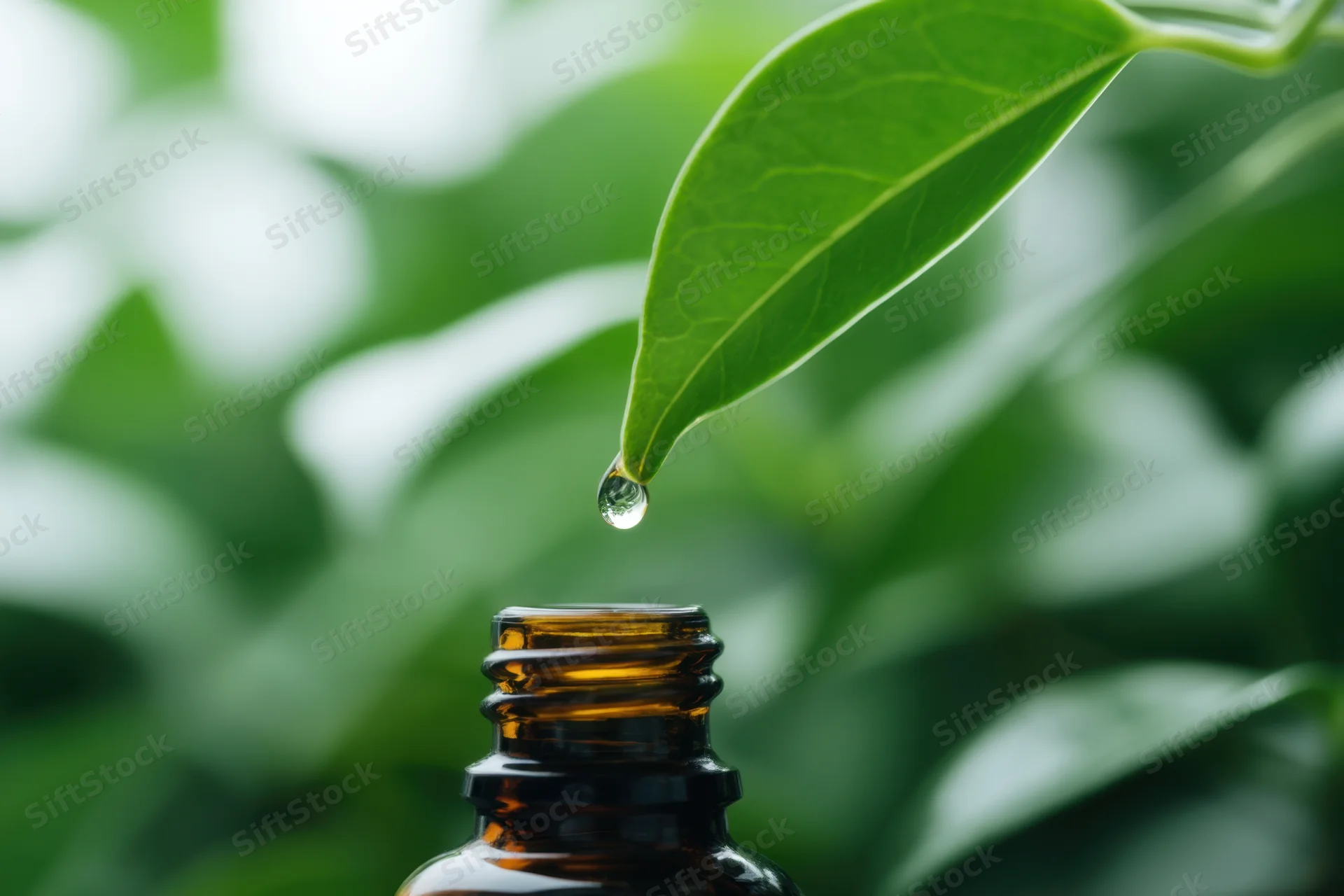 A drop of water falling from a green leaf into an amber glass bottle with blurred foliage behind