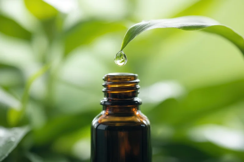 A drop of water falling from a green leaf into an amber glass bottle against a blurred green foliage background