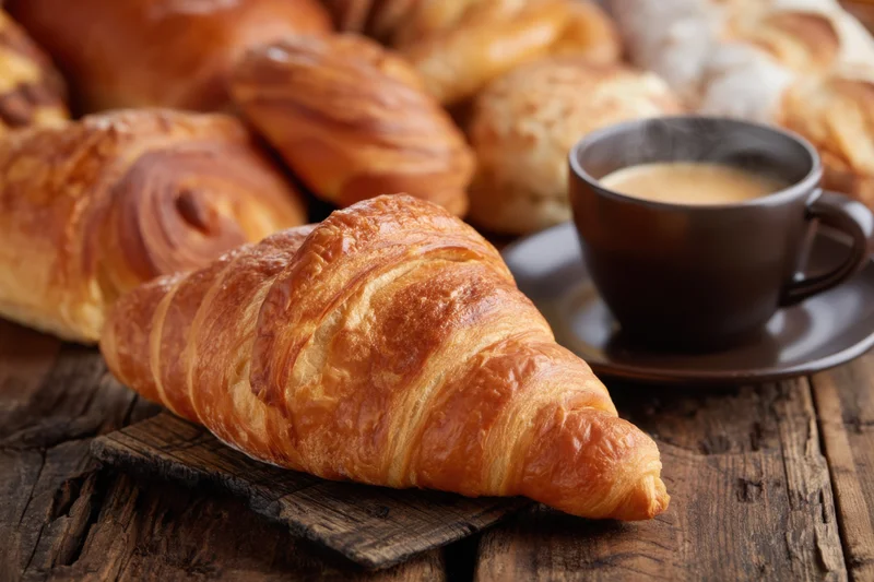 Freshly baked croissant with flaky golden crust resting on wooden surface beside steaming coffee cup
