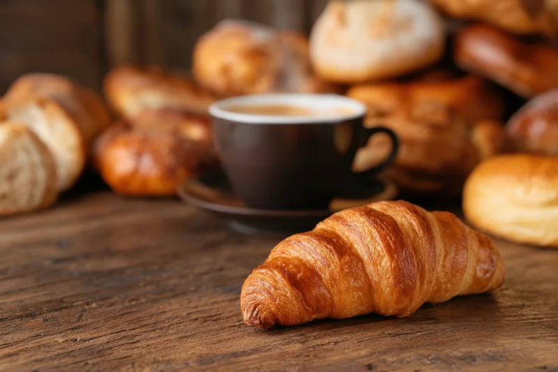 A golden flaky croissant resting on a rustic wooden table beside a steaming cup of coffee with more pastries in the background