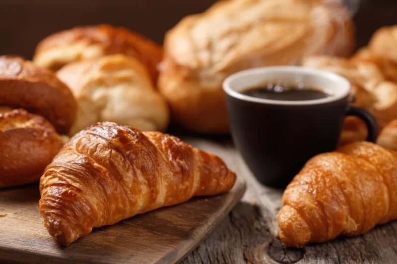 Freshly baked croissants and a steaming cup of coffee arranged on a rustic wooden table