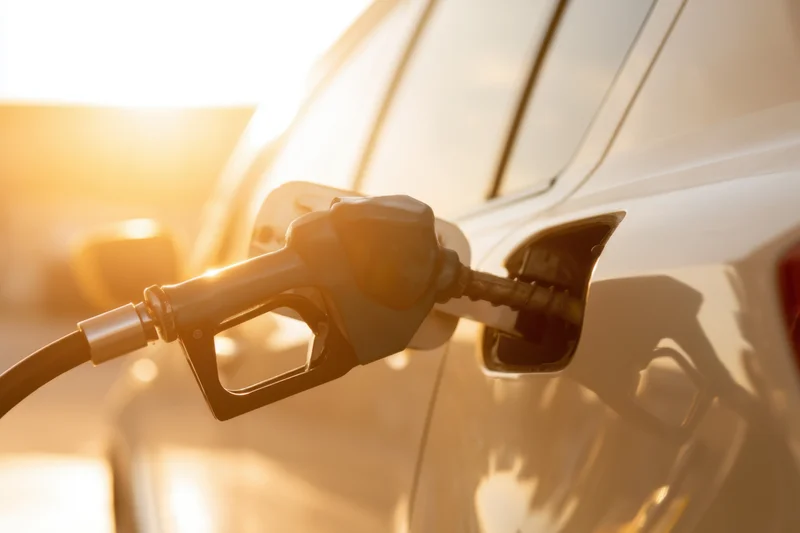 Fuel nozzle inserted into car gas tank during golden hour sunlight