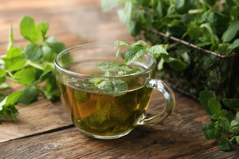 Glass cup filled with steaming mint tea garnished with fresh mint leaves on a wooden table