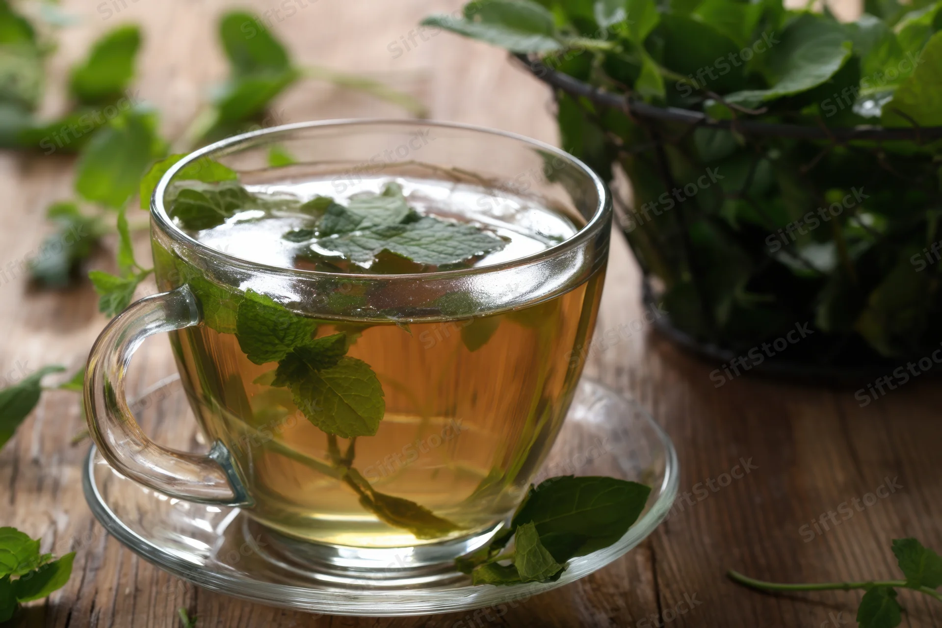 Glass cup of steaming mint tea with fresh leaves on wooden table