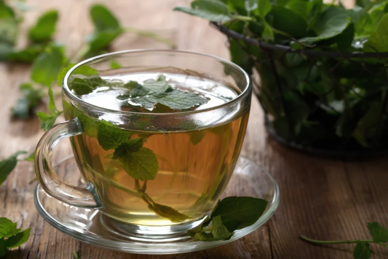 Glass cup of steaming mint tea with fresh leaves on wooden table