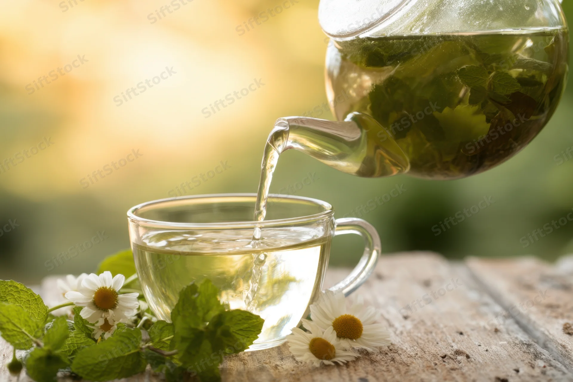 Green tea being poured from a glass teapot into a glass cup on a wooden table with mint leaves and daisies nearby