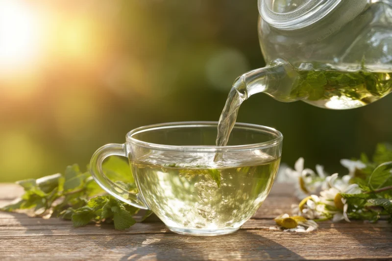 Green tea being poured from a glass teapot into a glass cup on a wooden table surrounded by mint and chamomile flowers in sunlight