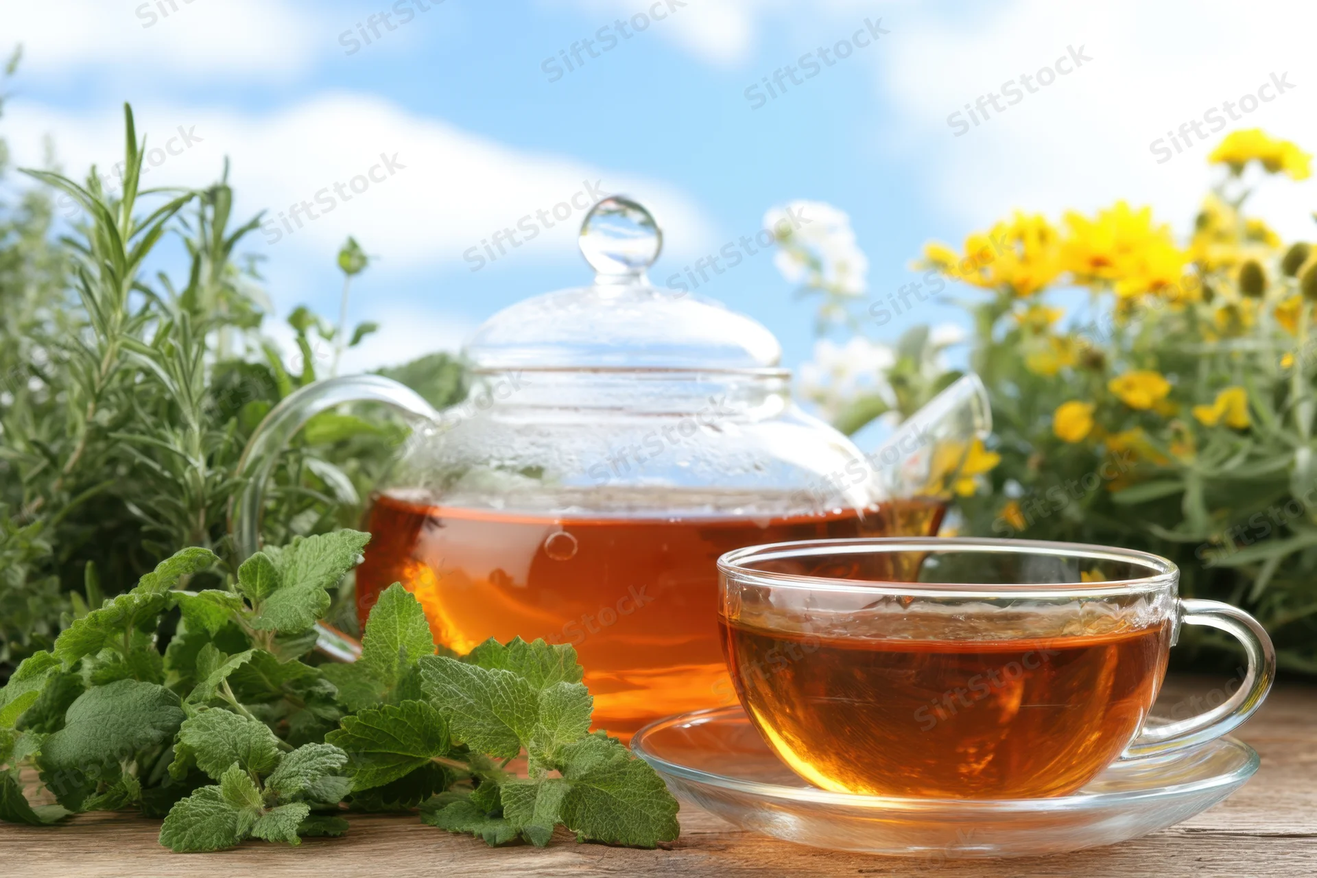 Glass teapot and teacup filled with amber herbal tea on wooden table surrounded by fresh herbs and flowers outdoors
