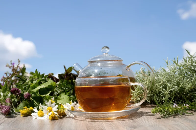 Glass teapot and teacup filled with amber herbal tea on wooden table surrounded by fresh herbs and wildflowers under blue sky