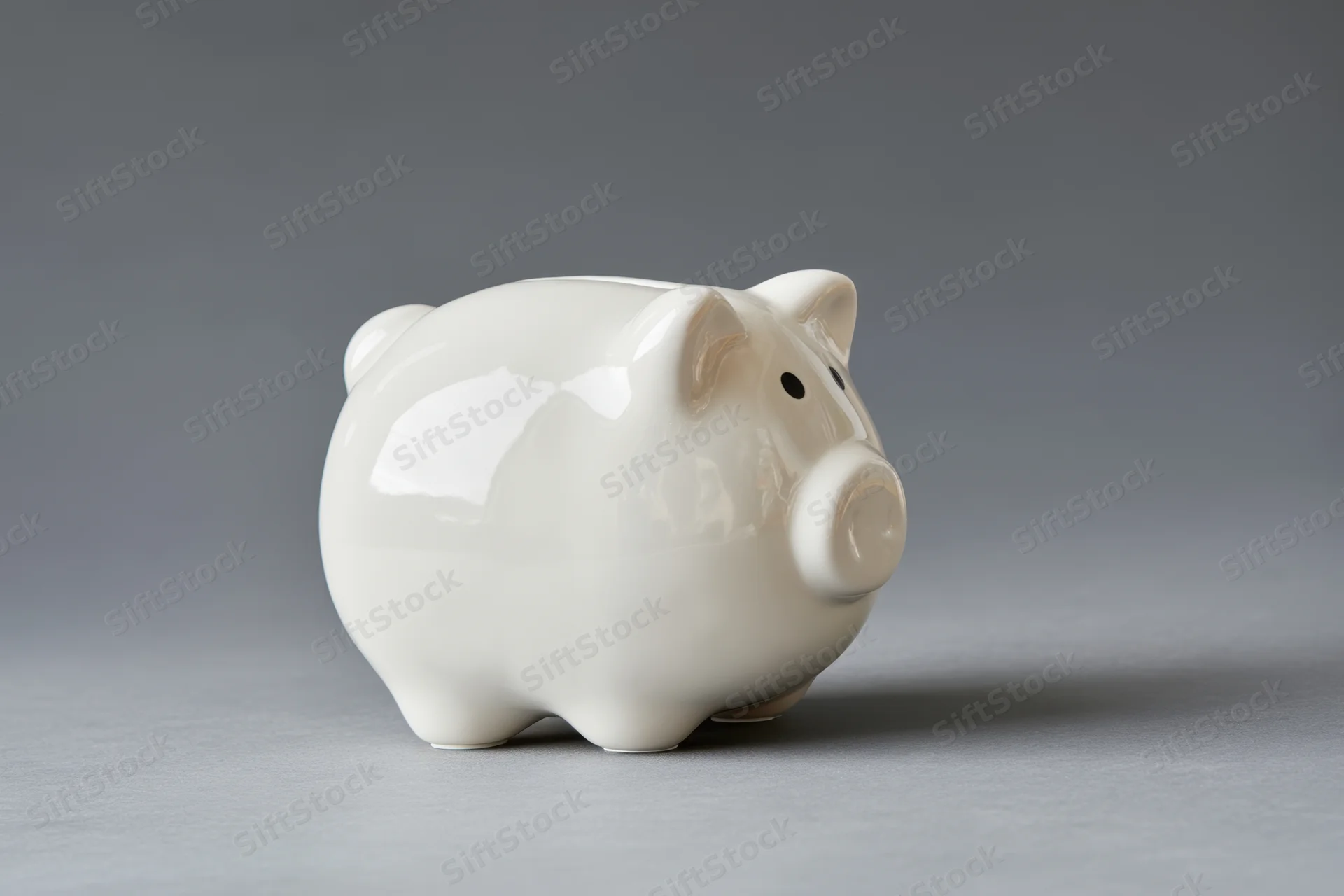 Glossy white ceramic piggy bank sitting on a plain grey surface