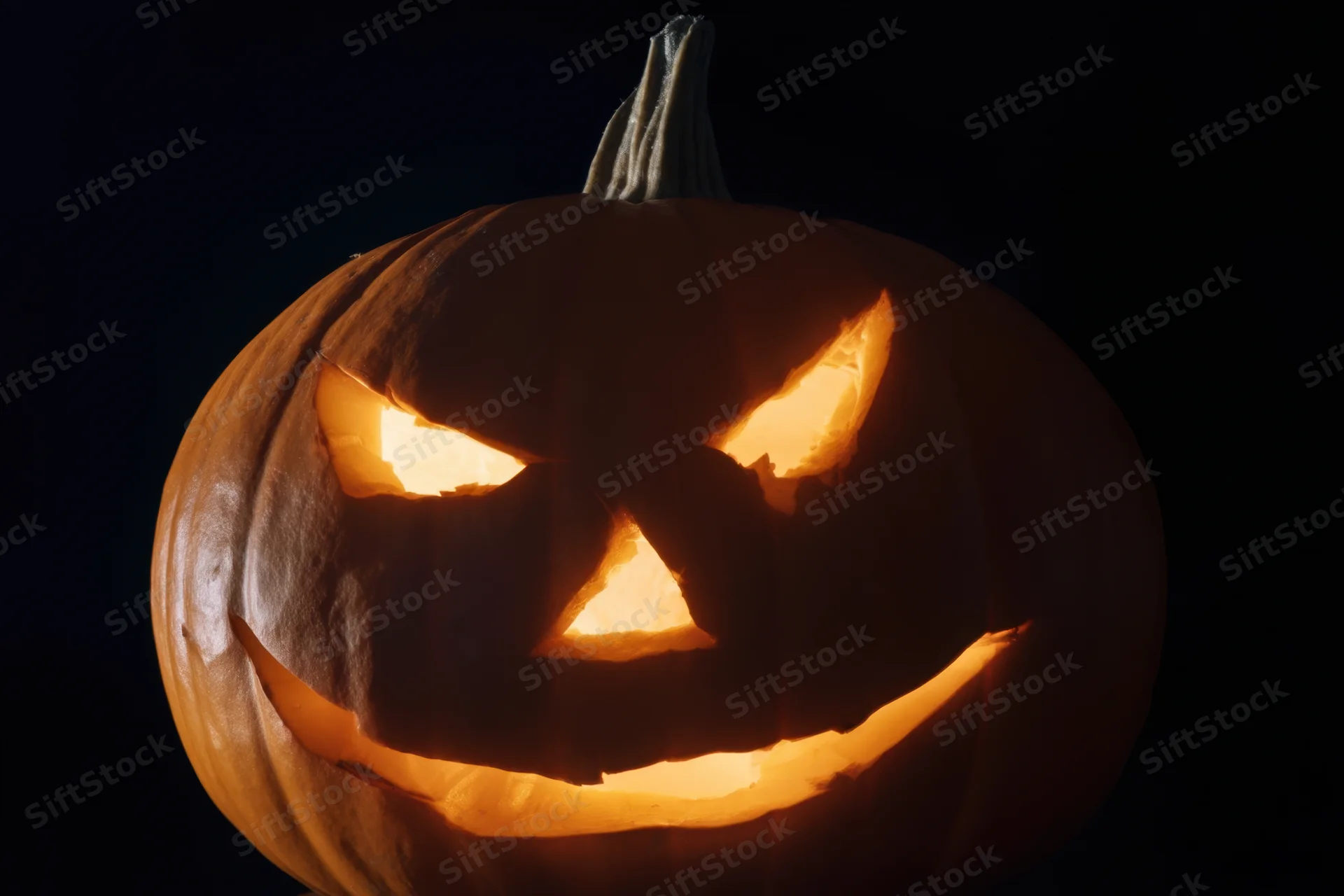 Glowing carved pumpkin with jagged eyes and wide grin against black background