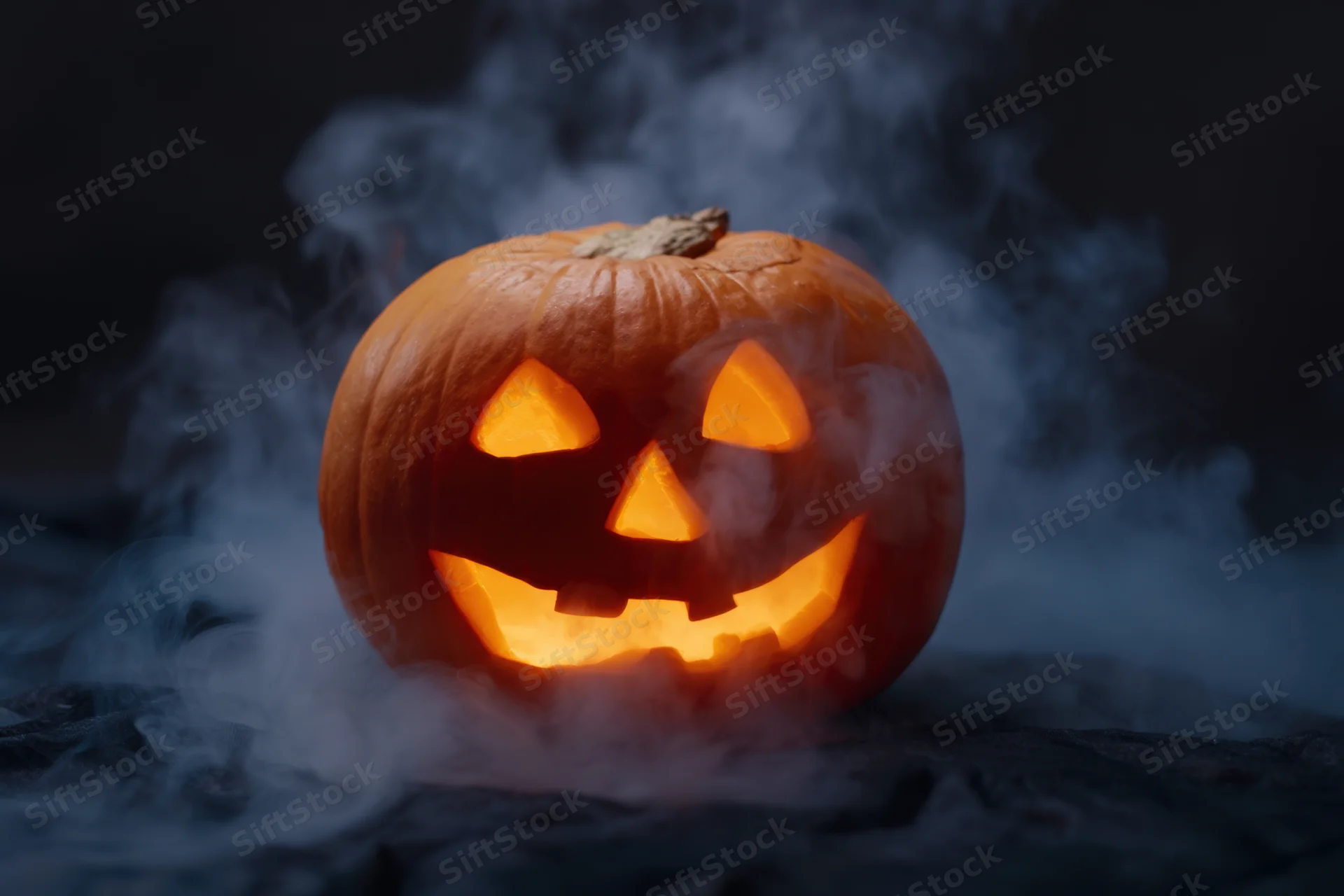 Glowing jack-o-lantern with carved face emitting light surrounded by smoke on dark surface
