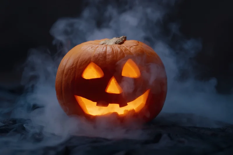 Glowing jack-o-lantern with carved face emitting light surrounded by smoke on dark surface