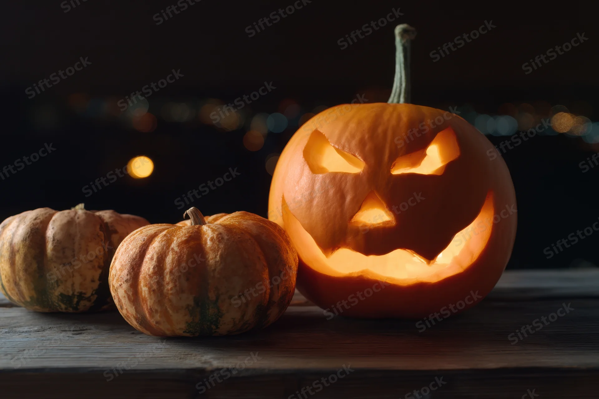 Glowing jack-o-lantern with carved spooky face on wooden table at night