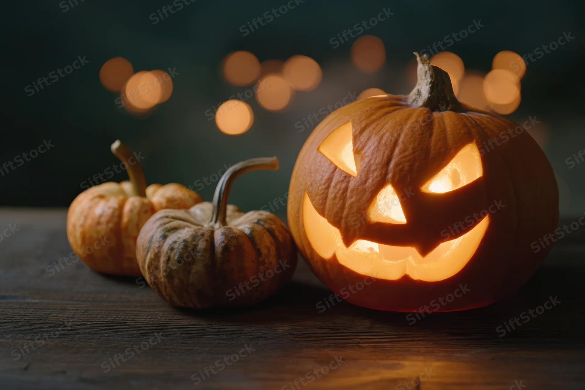 Glowing jack-o-lantern with carved spooky face on wooden table beside small pumpkins, warm bokeh lights in background
