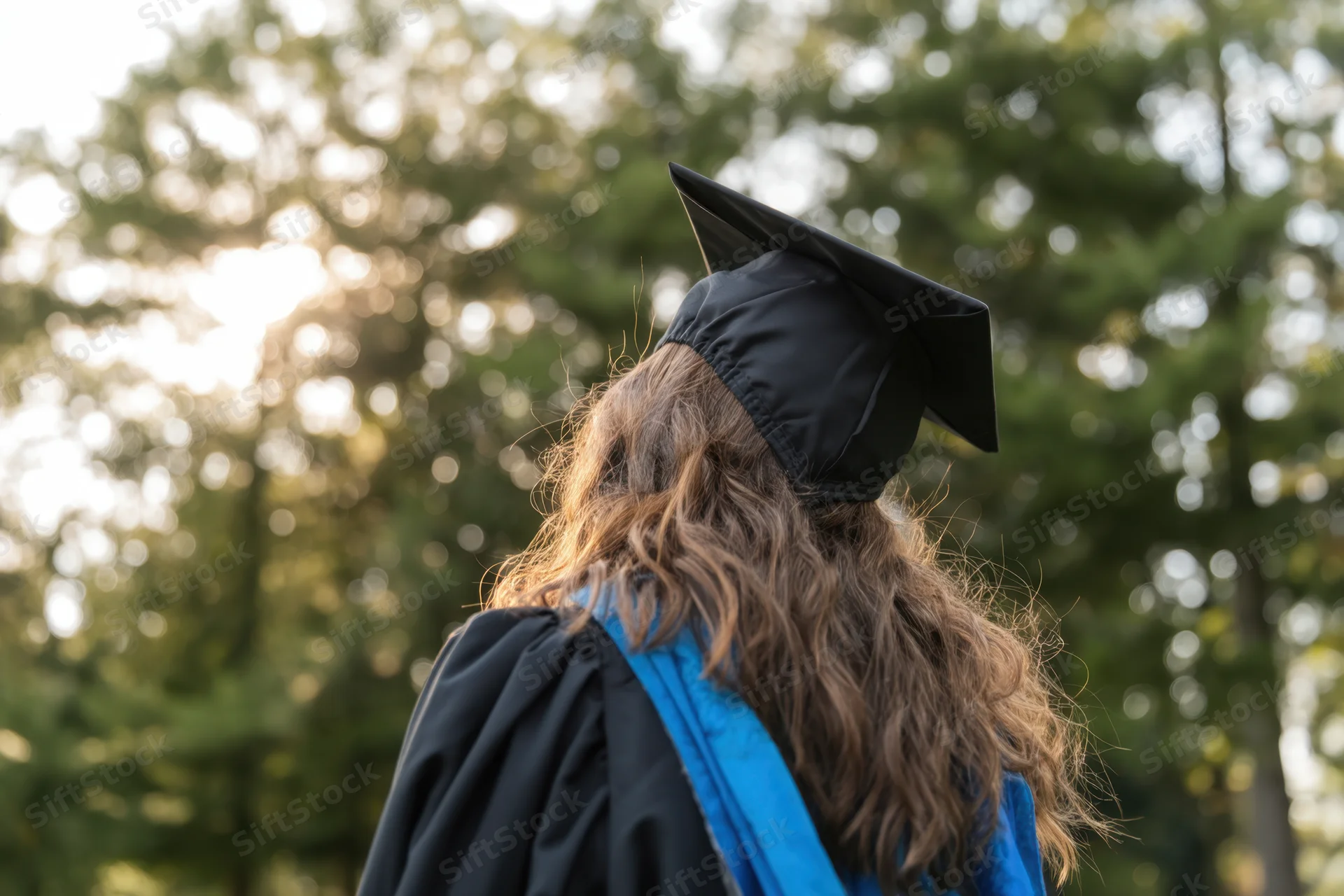 Graduate in cap and gown viewed from back standing outdoors among trees