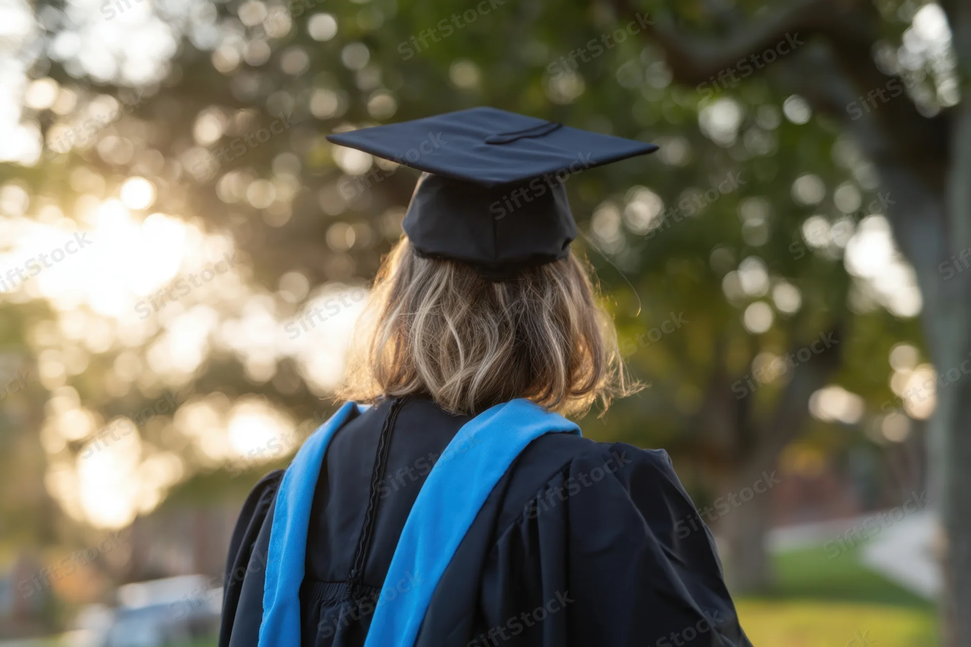 Graduate in cap and gown with blue sash standing outdoors with back to camera facing trees and sunlight