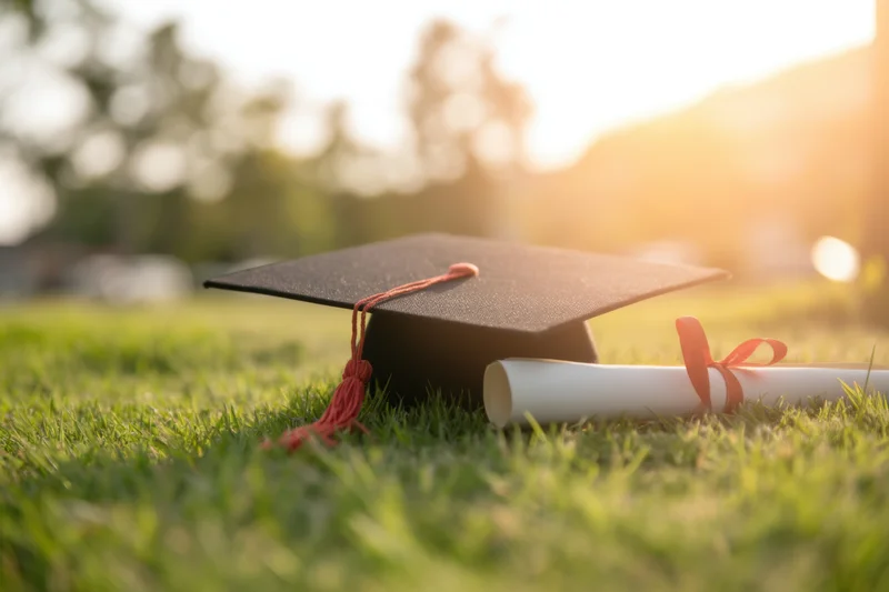 Graduation cap and diploma resting on grassy field at golden hour