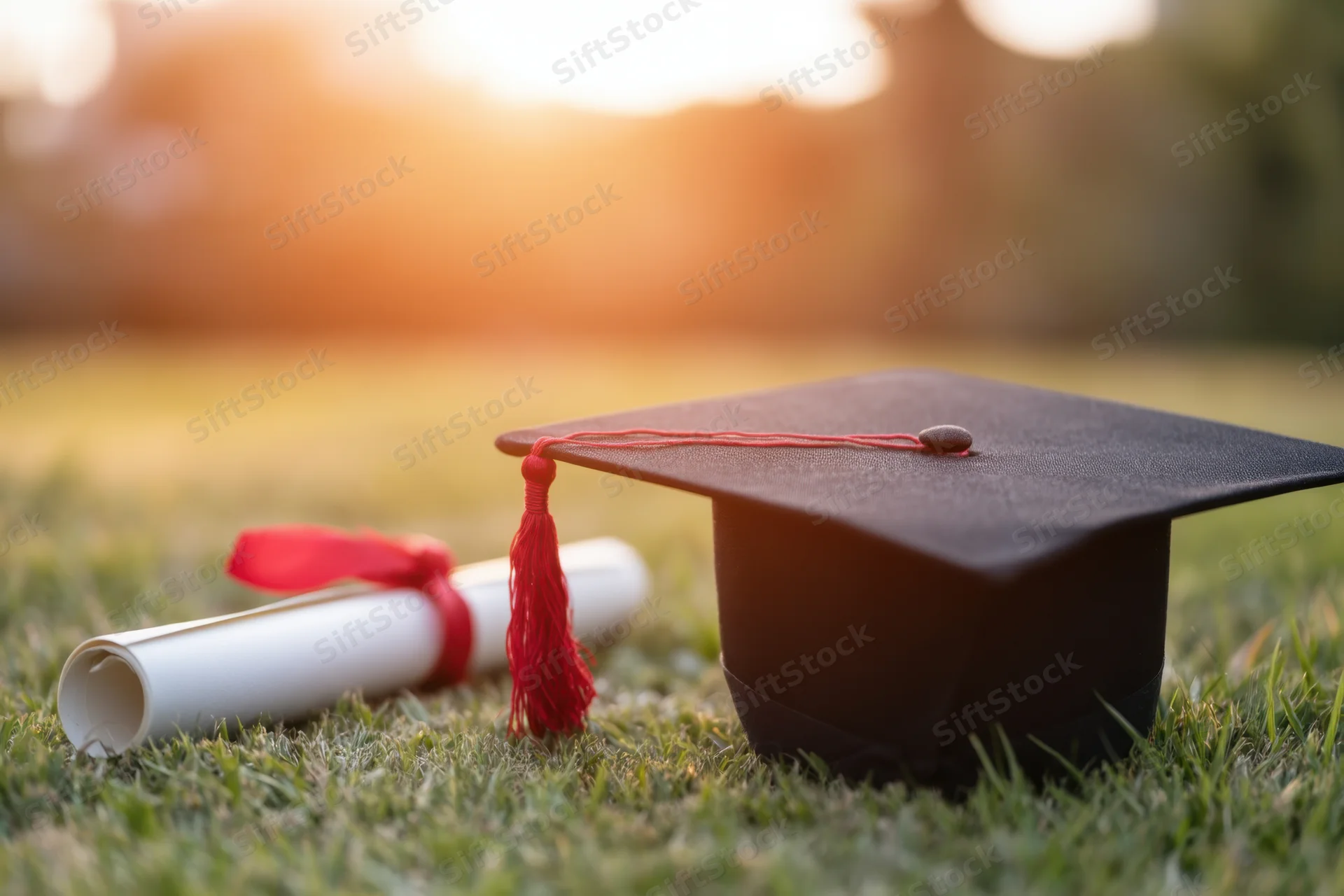 Graduation cap and diploma on grass during sunset