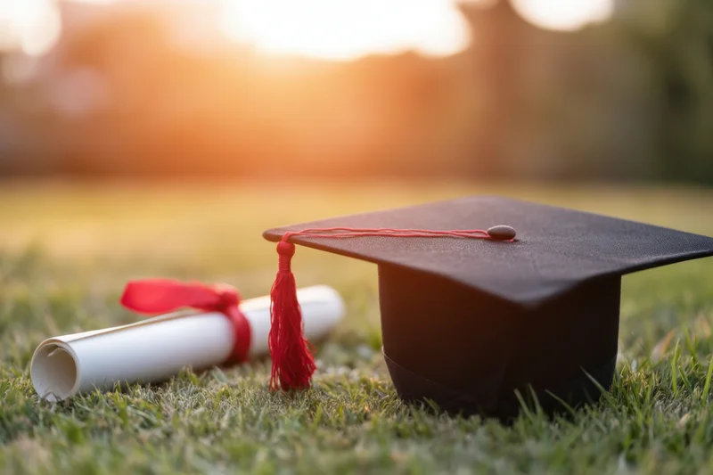 Graduation cap and diploma on grass during sunset