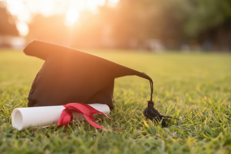 Graduation cap and diploma scroll resting on grassy field at sunset
