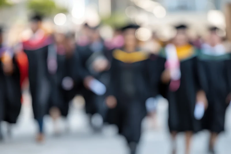 Graduates walking in procession during graduation ceremony wearing caps and gowns