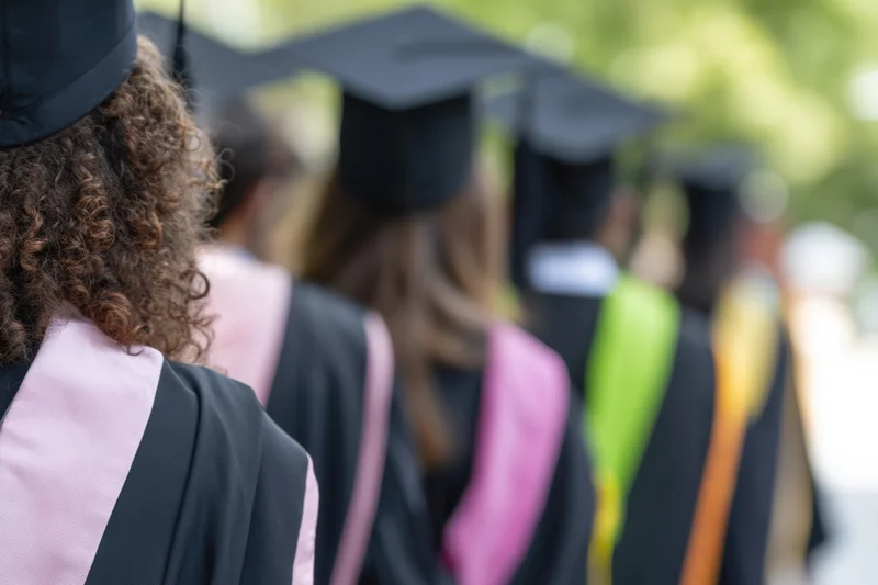Graduates walking in line wearing caps and gowns outdoors during graduation ceremony