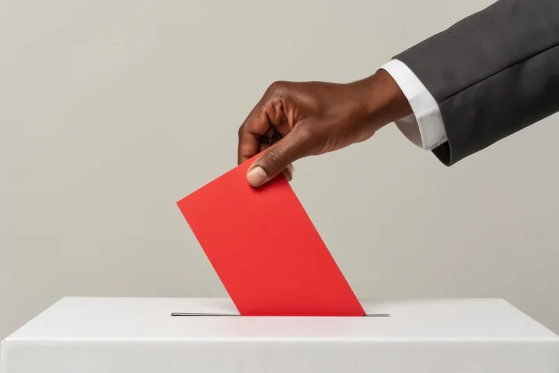 Hand in suit inserting red ballot into white ballot box