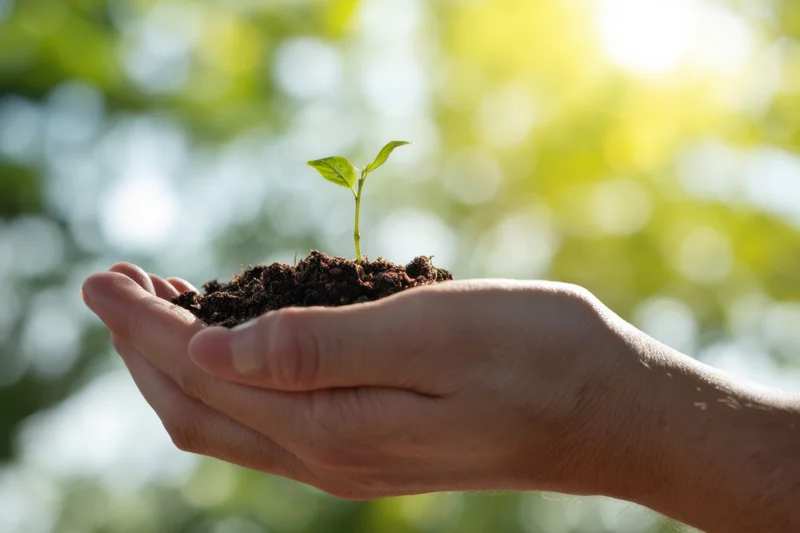 Hand cradling a small green seedling emerging from soil against a blurred natural background