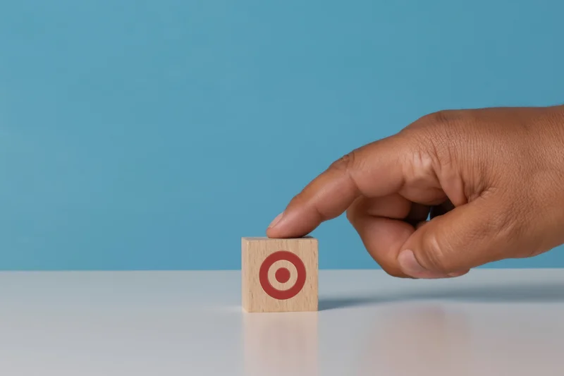 Hand placing wooden block with target symbol on white surface against blue background
