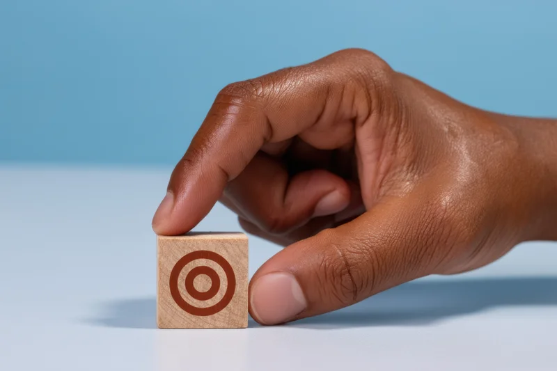 Hand placing wooden block with target symbol on light blue surface