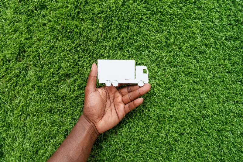 Hand holding a white paper cutout truck against a green grass background