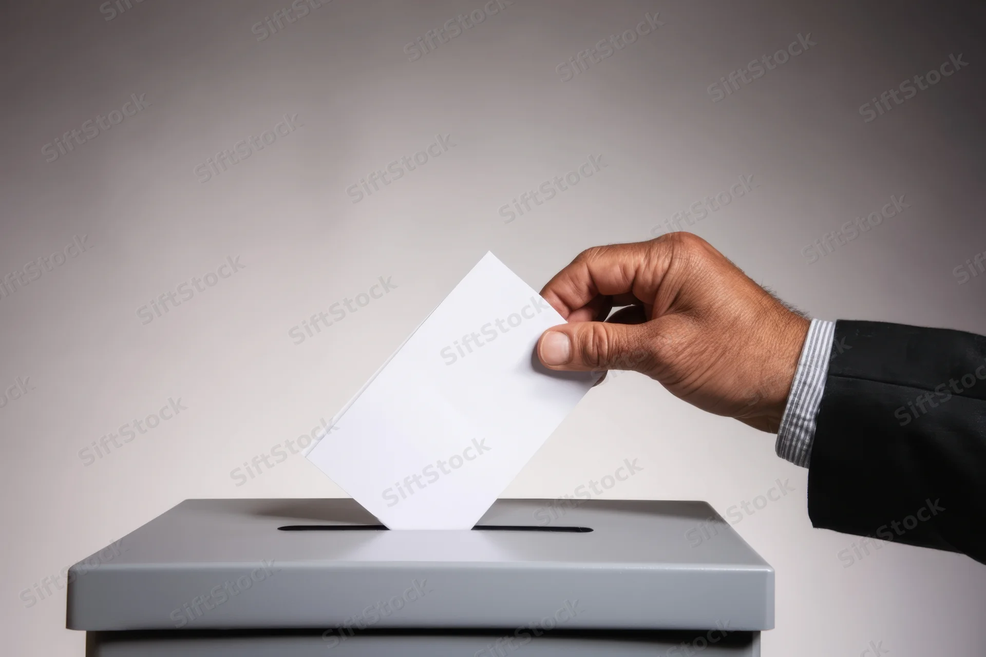 Hand in suit inserting blank white ballot into gray ballot box