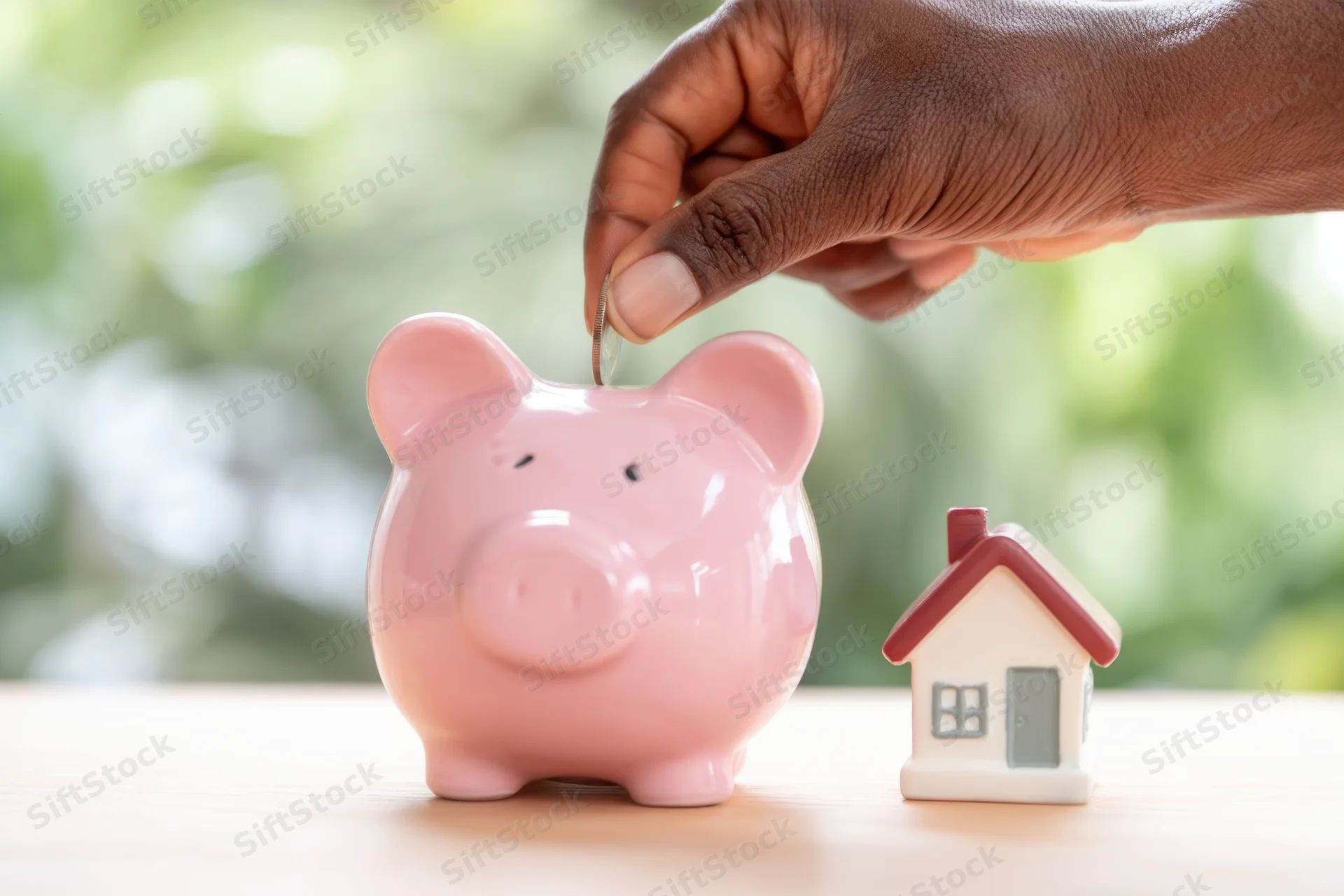 Hand inserting coin into pink piggy bank next to miniature house on wooden table