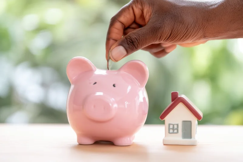 Hand inserting coin into pink piggy bank next to miniature house on wooden table