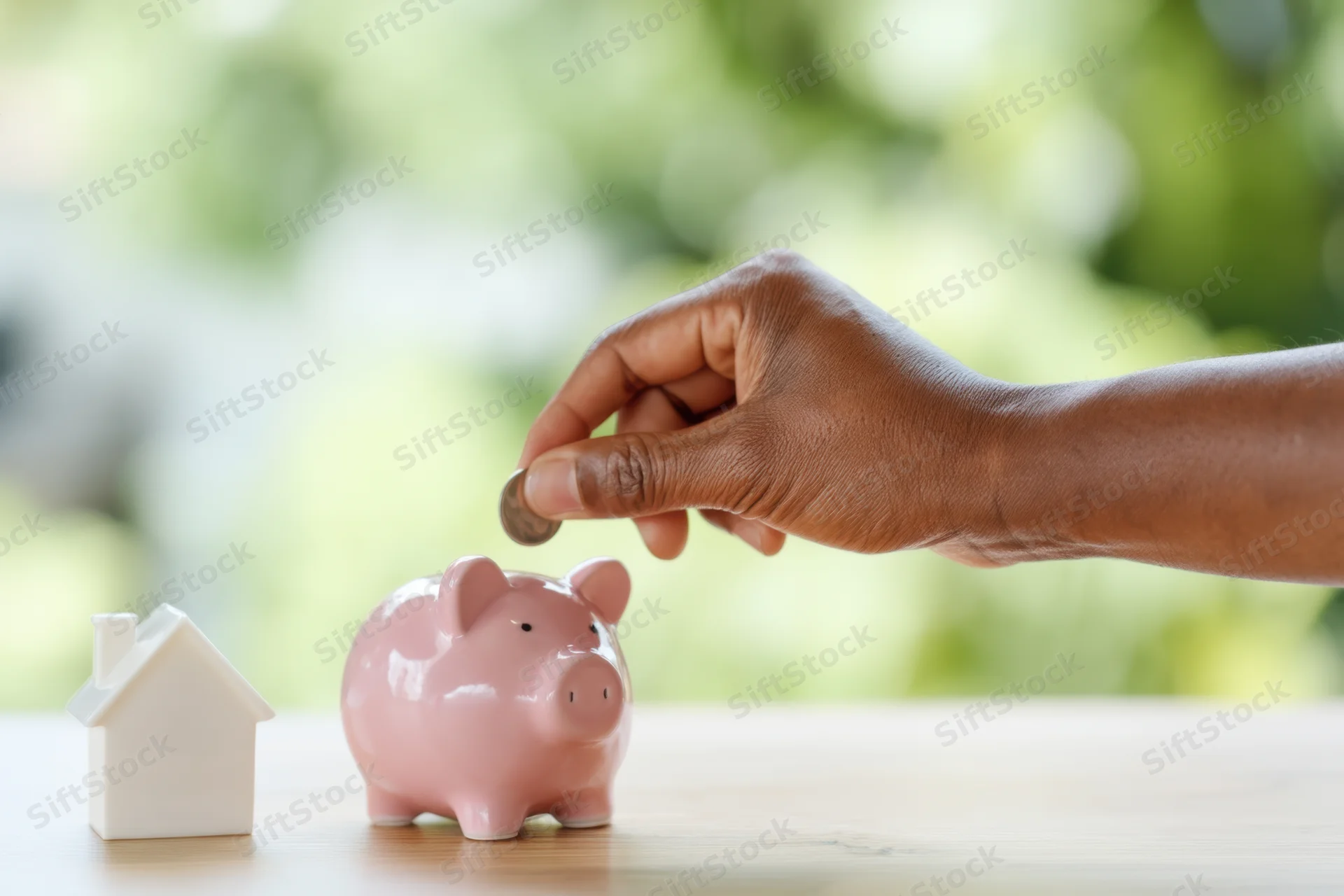 Hand inserting coin into pink piggy bank beside white house model on wooden table