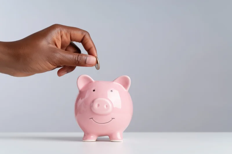 Hand placing coin into pink piggy bank on white surface