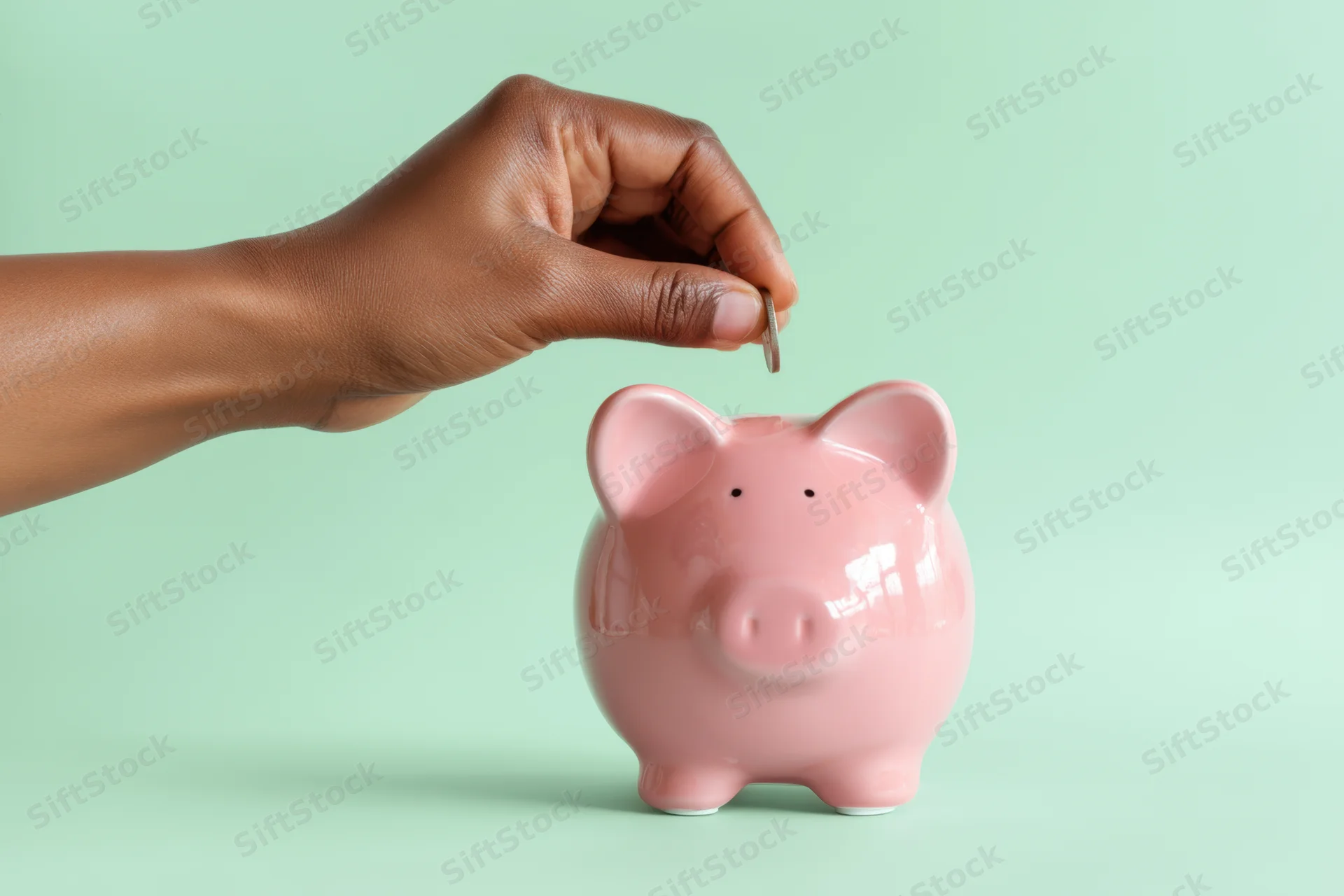 Hand placing coin into pink piggy bank against mint green background