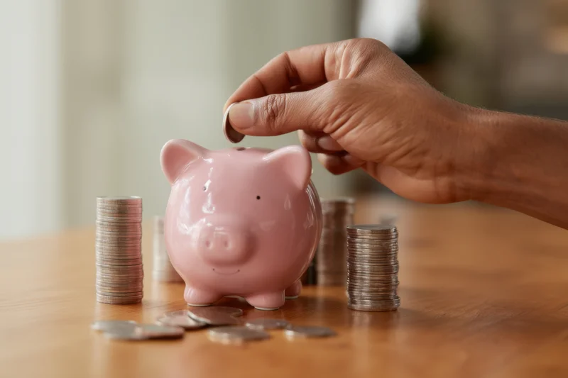Hand placing coin into pink piggy bank on wooden table surrounded by stacks of coins