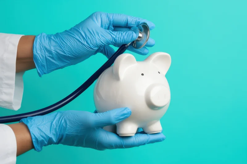 Healthcare worker’s hands in blue gloves holding a stethoscope to a white piggybank against a teal background