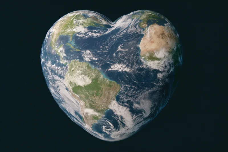 Heart-shaped earth floating in space with continents and clouds visible against dark background