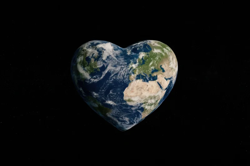 Heart-shaped earth floating in space against dark background