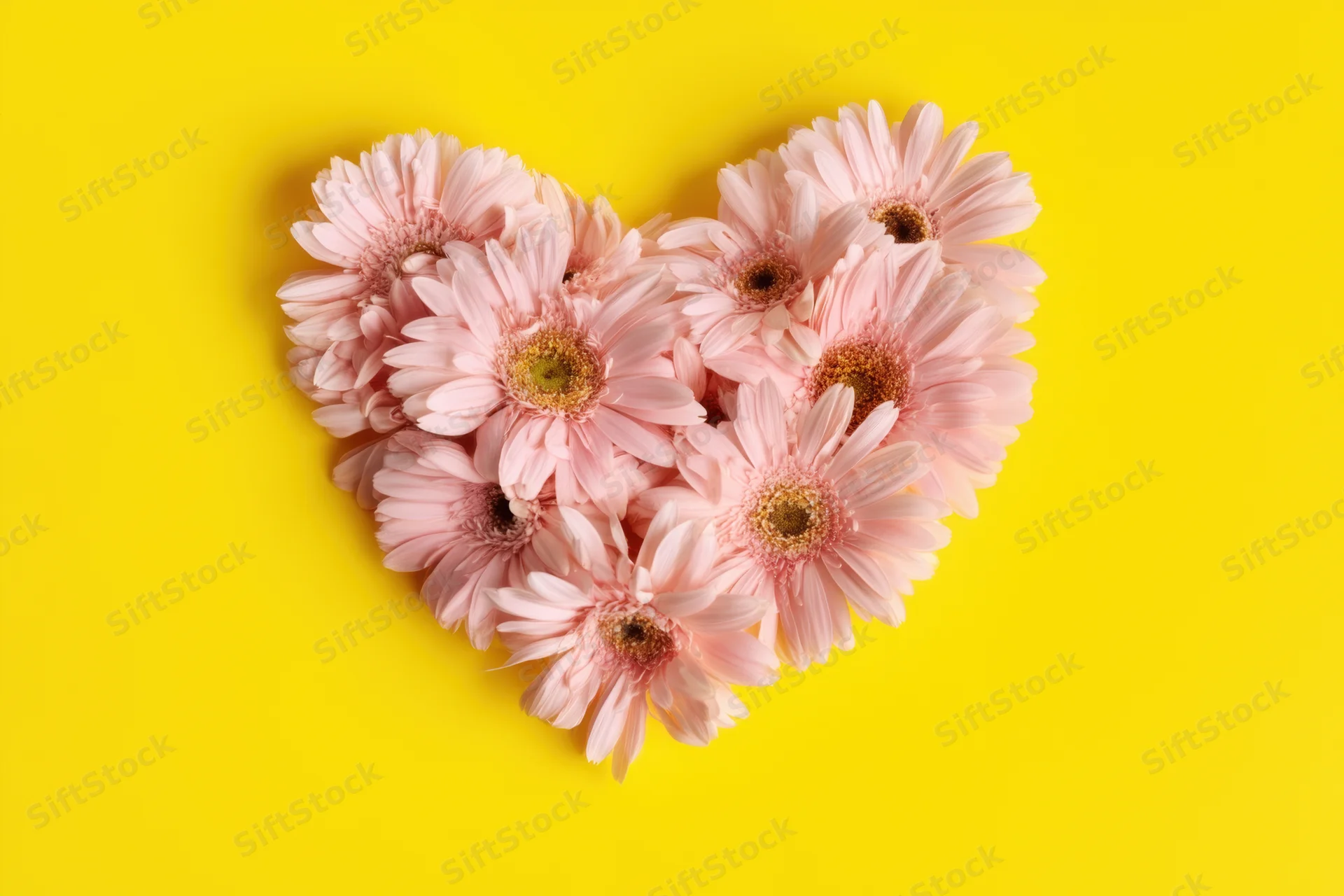 Heart-shaped arrangement of pink daisies on yellow background