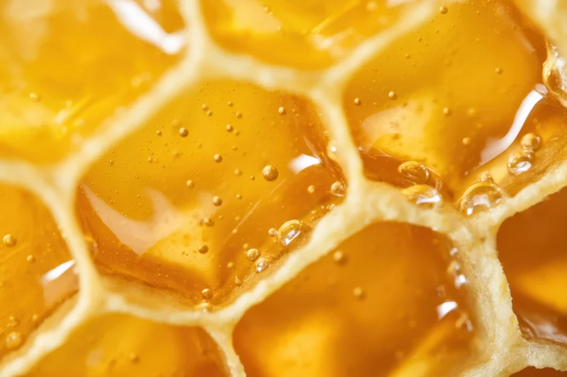 Honeycomb structure with hexagonal cells filled with golden honey, close-up view