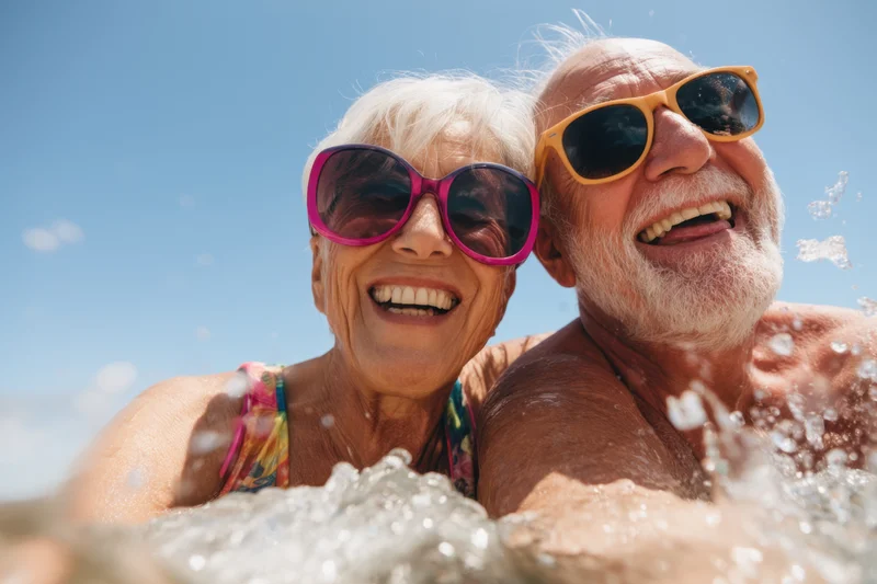Elderly couple laughing in water at beach wearing sunglasses